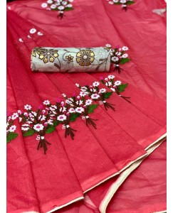 Red chanderi embroidered saree